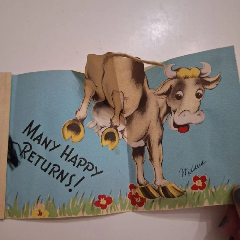 Birthday Tales Pop-up Tails Kick‎ Card Vintage 1950s Cow Horse Farm Country